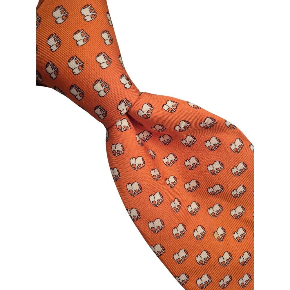 Vineyard Vines White Elephant Nantucket Silk Tie Orange Animal Print Preppy Mens